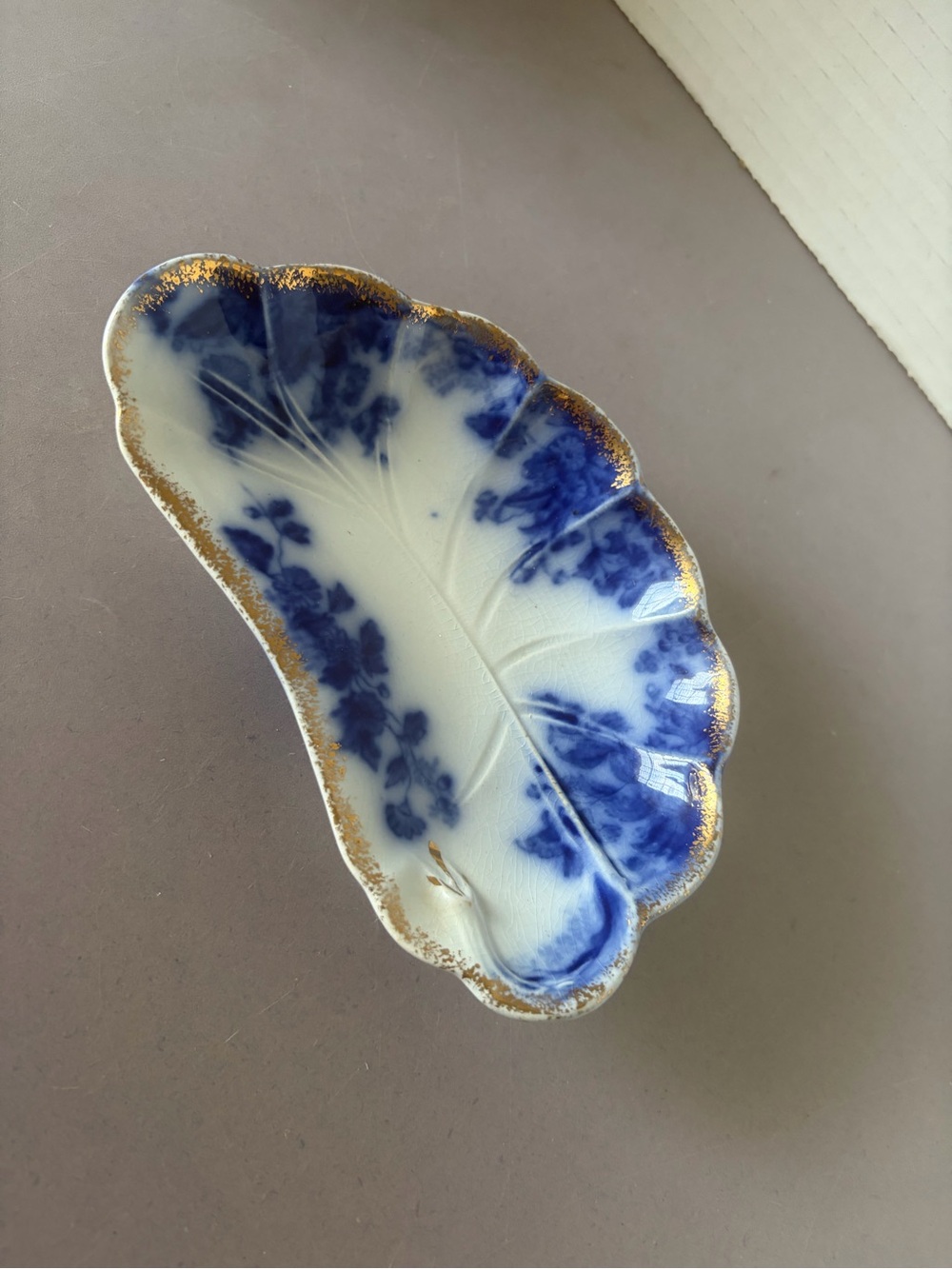 W.H. Grindley Blue and White Leaf Porcelain Decorative Dish with Gold Trim